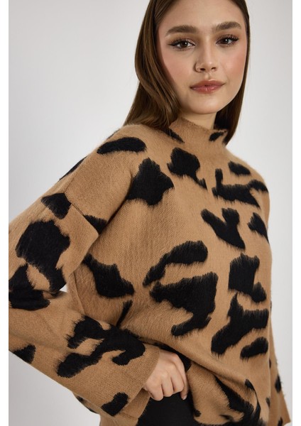 24371 Şardonlu Dik Yaka Leopar Kazak Bisküvi-Siyah fırsatları