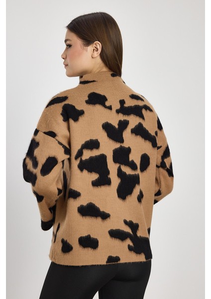 24371 Şardonlu Dik Yaka Leopar Kazak Bisküvi-Siyah indirimleri