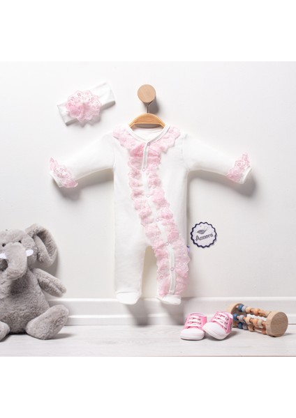 Güpürlü Yamuk Fırfırlı Kız Bebek Tulumu