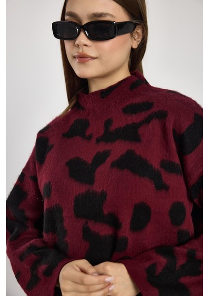 24371 Şardonlu Dik Yaka Leopar Kazak Bordo-Siyah fırsatları