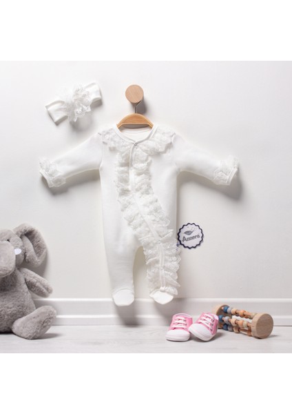 Güpürlü Yamuk Fırfırlı Kız Bebek Tulumu