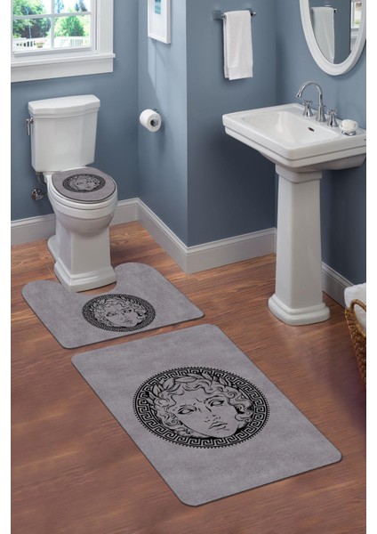 Yıkanabilir Kaymaz Tabanlı Modern Desenli 3'lü Klozet Takımı Banyo Paspas Seti APL02