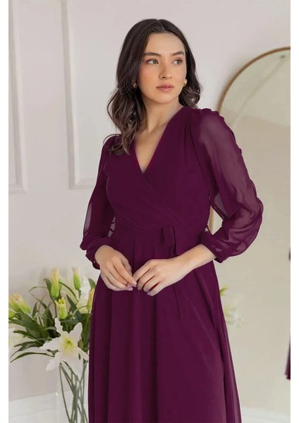 Kadın Balon Kol Kruvaze Midi Boy Şifon Astarlı Büyük Beden Elbise Haki, Kırmızı, Bordo, Yeşil, Saks, Siyah, Mor, Desenli fiyatları