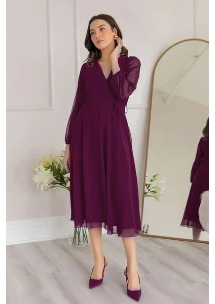 Kadın Balon Kol Kruvaze Midi Boy Şifon Astarlı Büyük Beden Elbise Haki, Kırmızı, Bordo, Yeşil, Saks, Siyah, Mor, Desenli modelleri