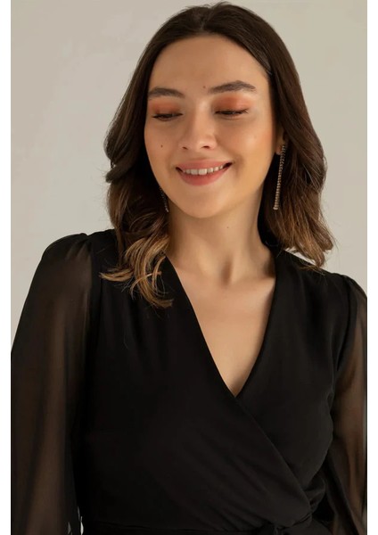 Kadın Balon Kol Kruvaze Midi Boy Şifon Astarlı Büyük Beden Elbise Haki, Kırmızı, Bordo, Yeşil, Saks, Siyah, Mor, Desenli modelleri