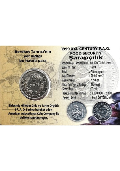 Şarapçılık Fao 50.000 Lira 1999 "çil", Hatıra Para fiyatları