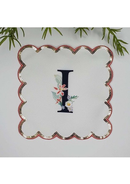 I Harfi Baskılı Kişiye Özel Pul Işlemeli Monogramlı Nakış Kenar Pullu Kokteyl Peçetesi 1 Adet