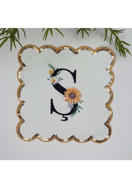 Ş Harfi Baskılı Kişiye Özel Pul Işlemeli Monogramlı Nakış Kenar Pullu Kokteyl Peçetesi 1 Adet