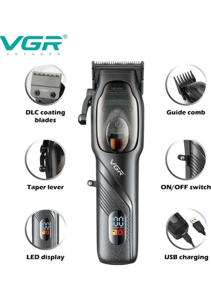 Profesyonel Şarjlı Saç Kesme Makinesi V-269 - LED Ekran, 9000 Rpm Motor, Dlc Kaplı Bıçaklar fırsatları