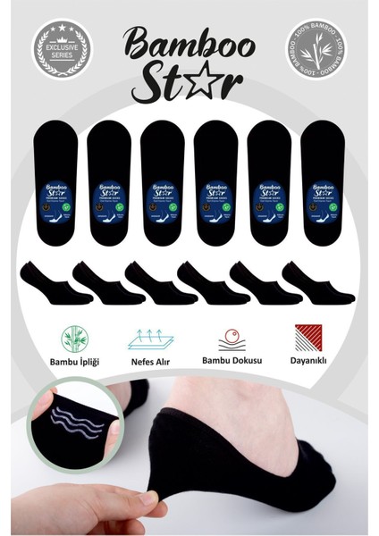 Bambu Erkek Babet Siyah Çorap Dikişsiz Görünmez Kaydırman Topuk Silikonlu Premium 6'Lı Siyah