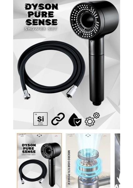 3Fonksiyonlu Lüks Duş Başlığı Siyah + Siyah Pvc Hortum