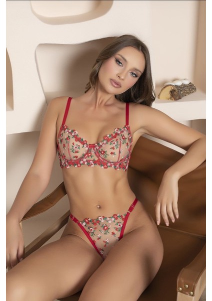 Kırmızı Yeşil Çiçek Detaylı Sütyan Tanga Takım fiyatları