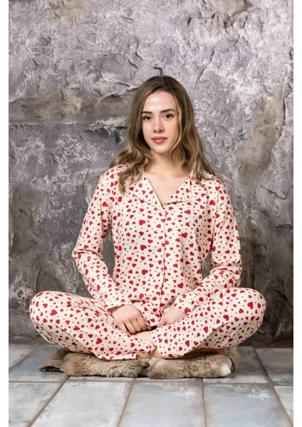 Sude Homewear Kadın Kalp Desenli Düğmeli Uzun Kol Pijama Takımı