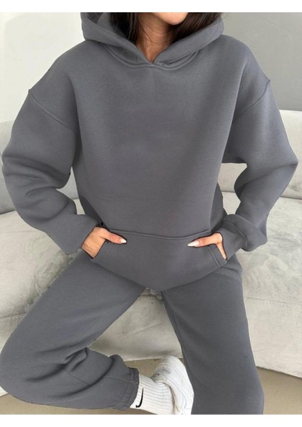 3 Iplik Şardonlu Kışlık Kalın Kapüşonlu Sweatshirt ve Eşofman Alt