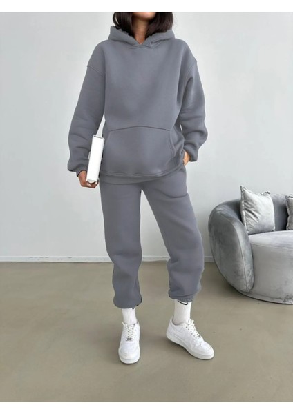 3 Iplik Şardonlu Kışlık Kalın Kapüşonlu Sweatshirt ve Eşofman Alt