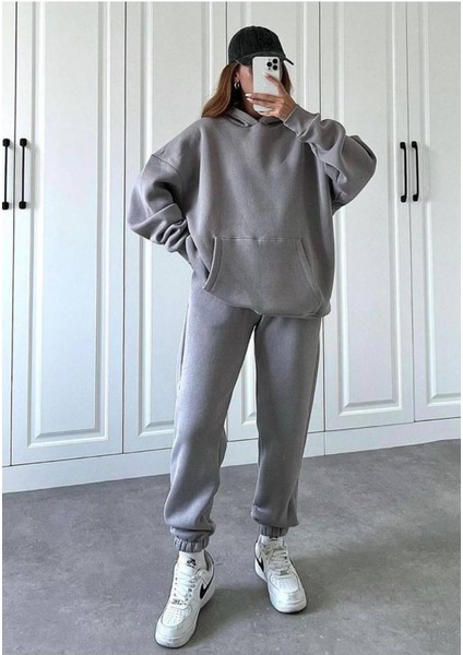 3 Iplik Şardonlu Kışlık Kalın Kapüşonlu Sweatshirt ve Eşofman Alt