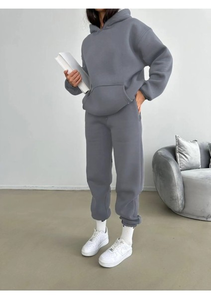 3 Iplik Şardonlu Kışlık Kalın Kapüşonlu Sweatshirt ve Eşofman Alt