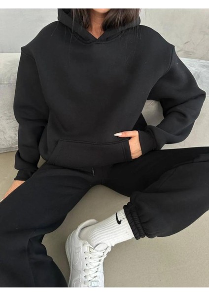 3 Iplik Şardonlu Kışlık Kalın Kapüşonlu Sweatshirt ve Eşofman Alt