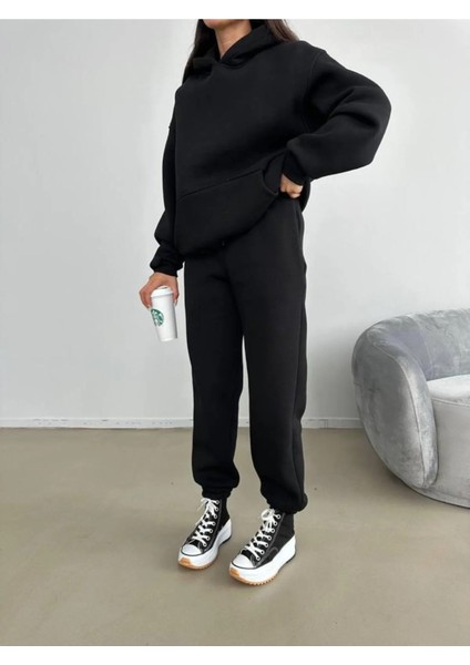 3 Iplik Şardonlu Kışlık Kalın Kapüşonlu Sweatshirt ve Eşofman Alt