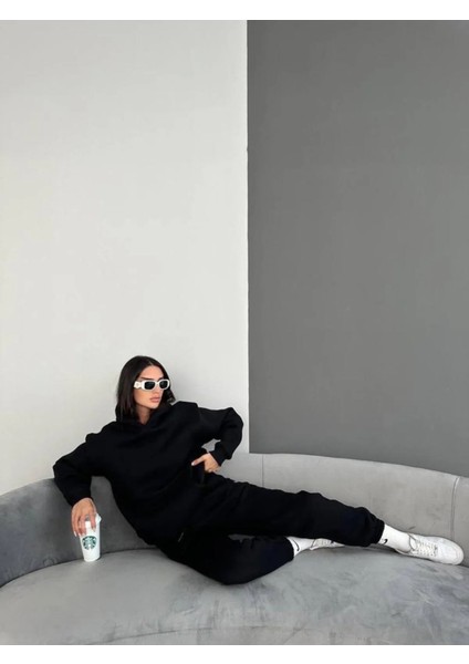 3 Iplik Şardonlu Kışlık Kalın Kapüşonlu Sweatshirt ve Eşofman Alt