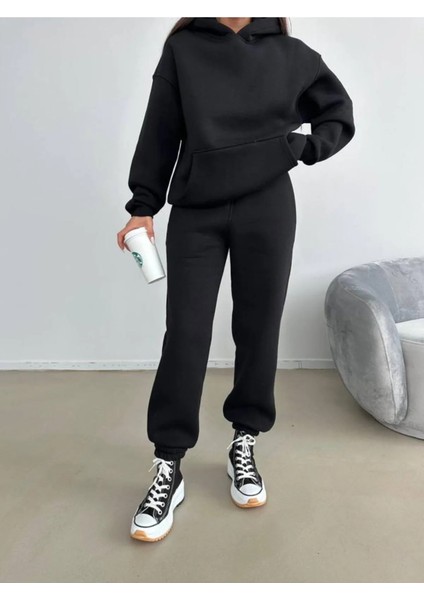 3 Iplik Şardonlu Kışlık Kalın Kapüşonlu Sweatshirt ve Eşofman Alt