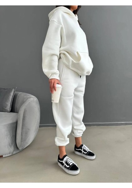 3 Iplik Şardonlu Kışlık Kalın Kapüşonlu Sweatshirt ve Eşofman Alt