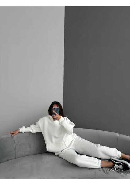 3 Iplik Şardonlu Kışlık Kalın Kapüşonlu Sweatshirt ve Eşofman Alt