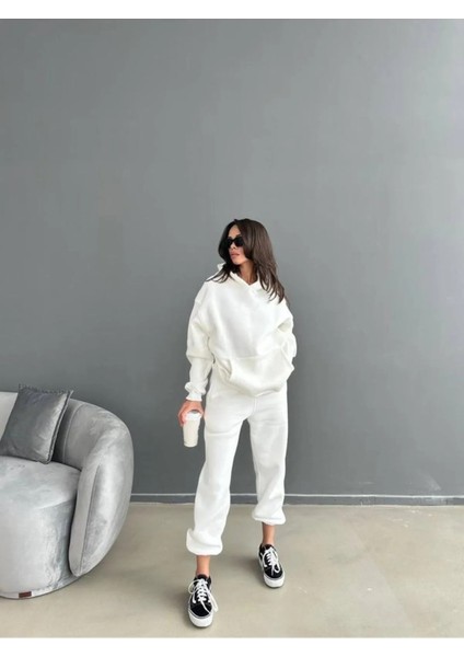 3 Iplik Şardonlu Kışlık Kalın Kapüşonlu Sweatshirt ve Eşofman Alt