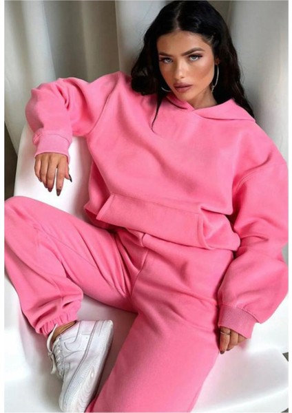 3 Iplik Şardonlu Kışlık Kalın Kapüşonlu Sweatshirt ve Eşofman Alt