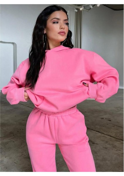 3 Iplik Şardonlu Kışlık Kalın Kapüşonlu Sweatshirt ve Eşofman Alt