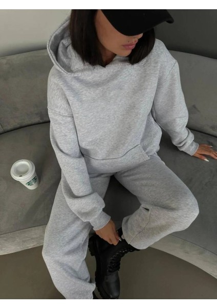 3 Iplik Şardonlu Kışlık Kalın Kapüşonlu Sweatshirt ve Eşofman Alt