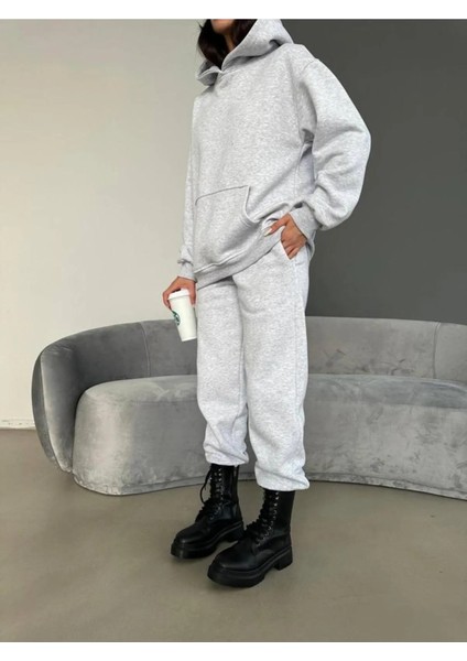 3 Iplik Şardonlu Kışlık Kalın Kapüşonlu Sweatshirt ve Eşofman Alt