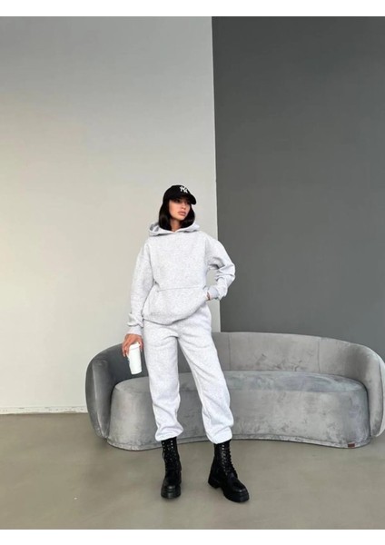 3 Iplik Şardonlu Kışlık Kalın Kapüşonlu Sweatshirt ve Eşofman Alt