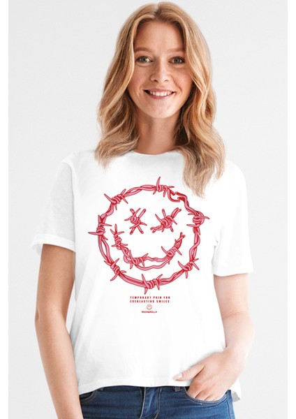 Dikenli Yüz Beyaz Kadın Tshirt