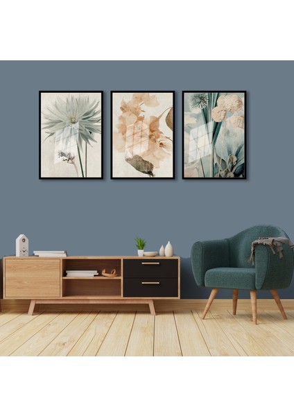 3 Parça Çerçeveli Boho Çiçekler Ahşap Tablo Seti Bestablo