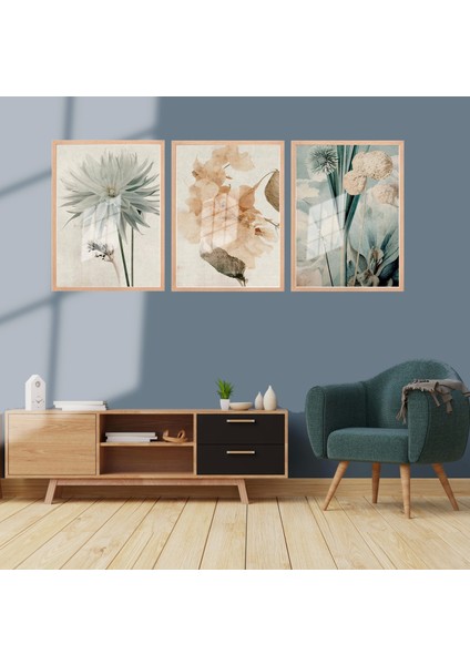 3 Parça Çerçeveli Boho Çiçekler Ahşap Tablo Seti Bestablo modelleri