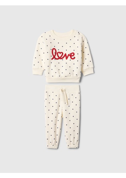 Bebek Kırık Beyaz Grafikli Fleece 2'li Outfit Set