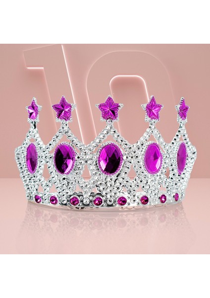 Çocuk Kraliçe Tacı - Fuşya Yıldız Işlemeli Prenses Tacı 15 x 7 cm (4825)