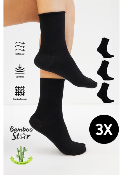 Bambu Kadın Lastiksiz Siyah Soket Dikişsiz Premium Çorap 3'lü Paket / Sıkmayan Çorap / Iz Bırakmaz