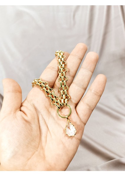 14K Altın Kaplama Çelik Kolye – Damla Taş ve Çift Zincir Tasarım