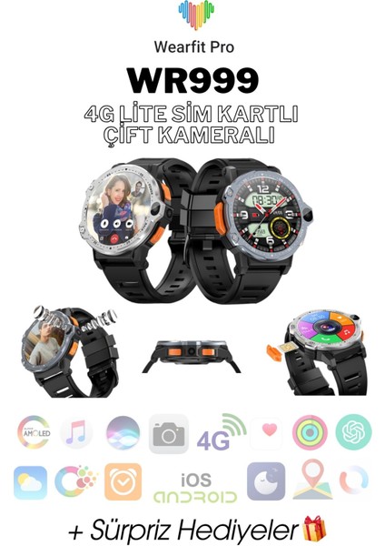 WR999 4g Lite Sim Kartlı Çift Kameralı Yeni Nesil Tüm Özelliklere Sahip 64GB Yuvarlak Akıllı Saat Gri