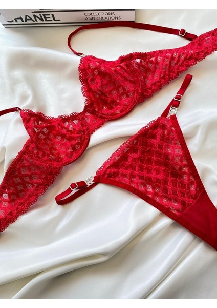 Kırmızı Kadın Nude Dantelli Bralet Südyen Kilot Takım