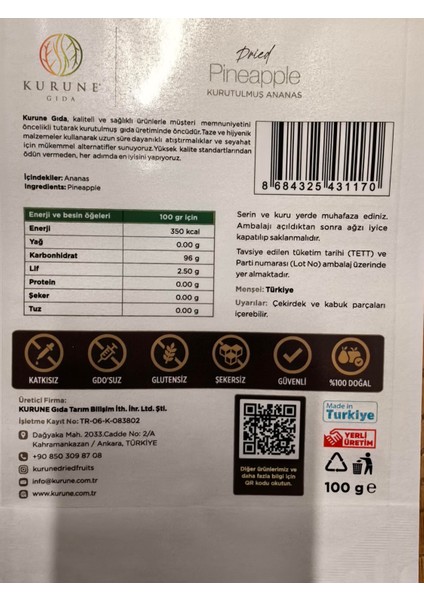 Kurutulmuş Ananas 100gr Paket fiyatları