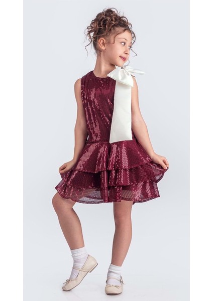 Yaka Fiyonk Pul Payet Kumaşlı Kız Çocuk Abiye Elbise M00702