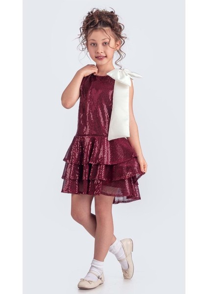 Yaka Fiyonk Pul Payet Kumaşlı Kız Çocuk Abiye Elbise M00702 fiyatları
