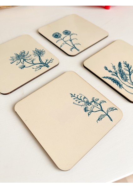 Doğal Çizim Temalı Zarif Bardak Altlıkları - 4'lü Set