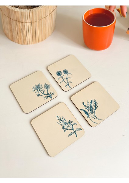 Doğal Çizim Temalı Zarif Bardak Altlıkları - 4'lü Set modelleri