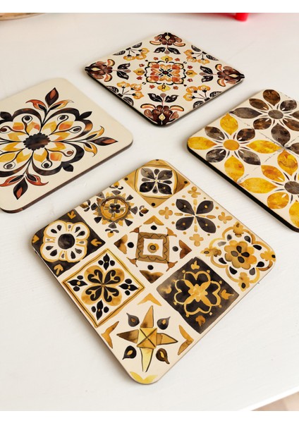 Etnik Desenli Renkli Ahşap Bardak Altlıkları-4 'lü Set fiyatları