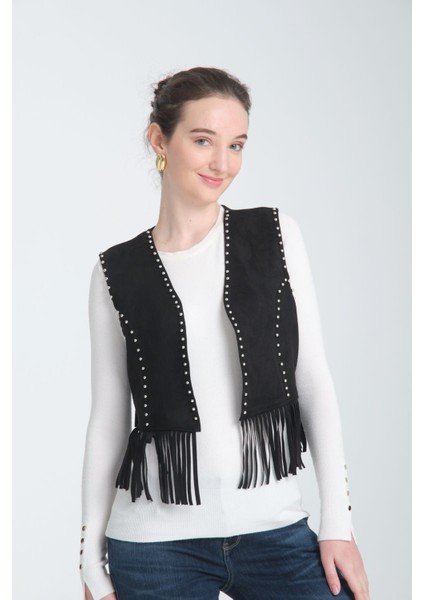 Scuba Suet Taşli Püsküllü Siyah Yelek