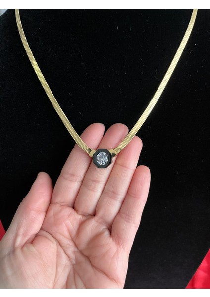 OZZYSHOPTR Çelik Gold Renk İtalyan Zincir Zirkon Taşlı Mineli Serenay Kolyesi